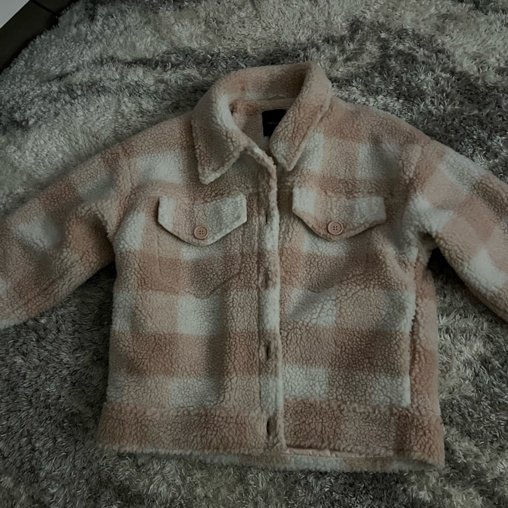 Plaid Sherpa Kids Jacket - Pink and White